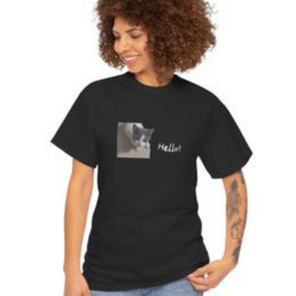 Cute Cat Tee with 'Hello!' Print, Unisex Heavy Cotton Shirt, Perfect Gift for Ca